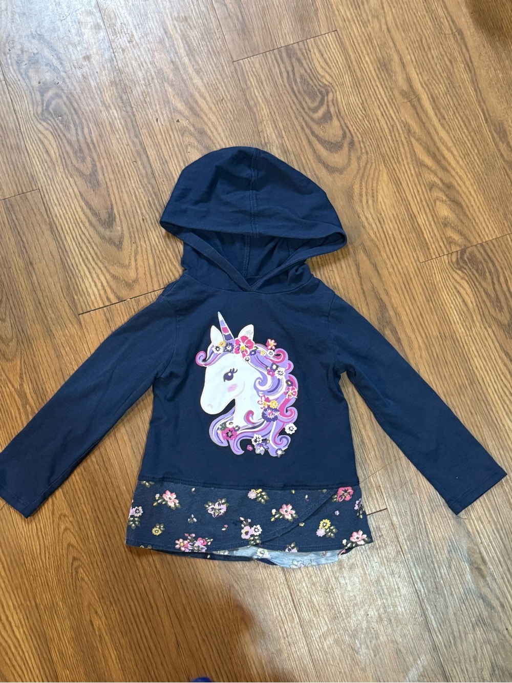 Garanimals Navy Hooded Top with Unicorn and Floral Hem
